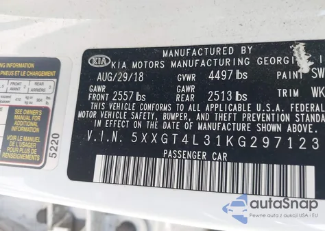 2019 Kia Optima Lx z USA, uszkodzony, nr VIN 5XXGT4L31KG297123